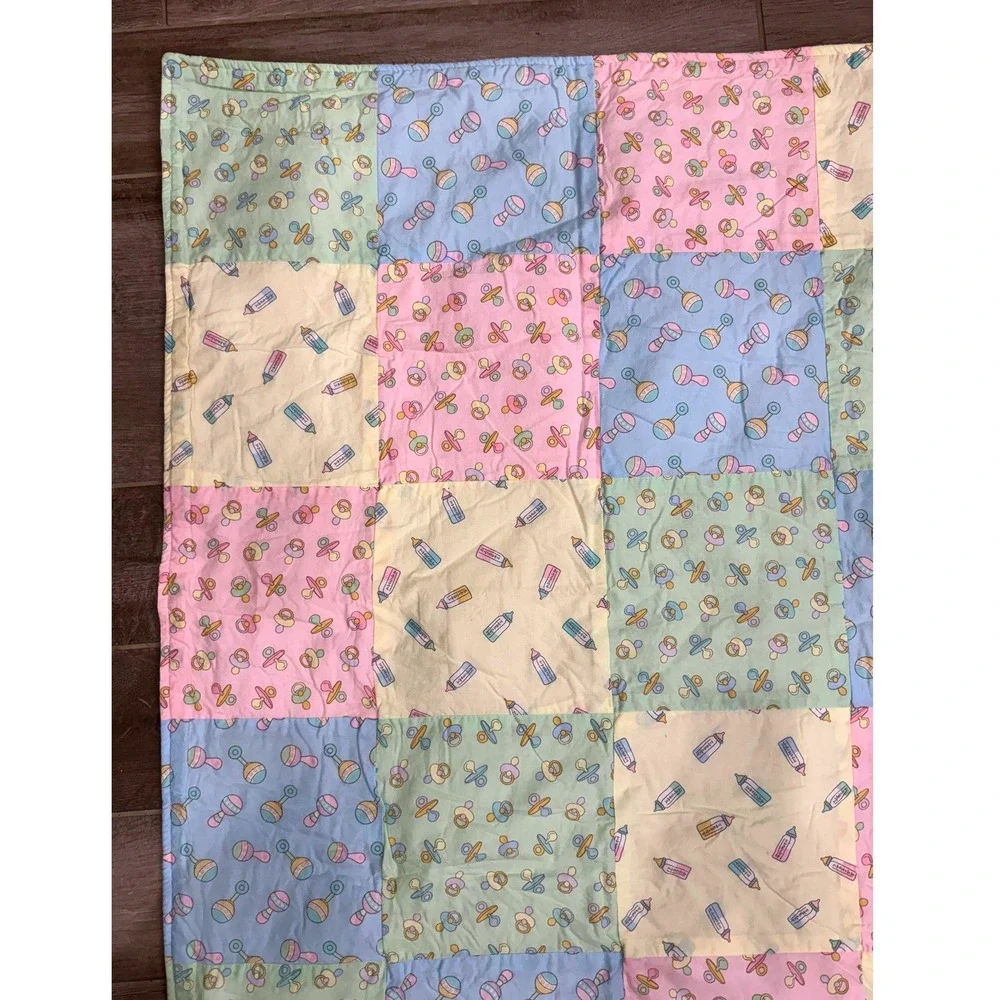 Handmade Baby Quilt 42x33 Pastel Patchwork Rattle Pacifier Bottle Crib Blanket